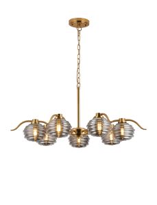 Corte 86cm 7 Light Multi Arm Pendant/Semi Flush With 160mm Glass, Brass/Smoke