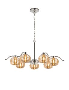 Corte 86cm 7 Light Multi Arm Pendant/Semi Flush With 160mm Glass, Polished Nickel/Amber