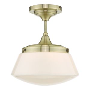 Caden 1 Light E27 Antique Brass IP44 Bathroom Semi Flush Ceiling Fitting With Opal Glass