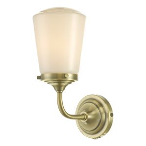 Caden 1 Light E14 Antique Brass IP44 Bathroom Wall Light With Pull Cord Switch C/W Opal Glass