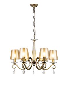 Arena 63cm Pendant, 6 Light E14, Antique Brass/Amber With Frosted Inner Flat Top Cone Glass Shade (B)