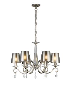 Arena 63cm Pendant, 6 Light E14, Polished Nickel/Smoke With Frosted Inner Flat Top Cone Glass Shade (B)
