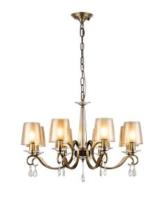Arena 75cm Pendant, 8 Light E14, Antique Brass/Amber With Frosted Inner Flat Top Cone Glass Shade (B)