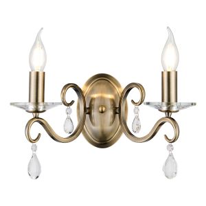 Arena Wall Lamp WITHOUT SHADE, 2 Light E14, Antique Brass/Clear Crystal