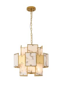 Houlte 45cm Round Pendant/Semi Flush Faux Alabaster & Metal, 7 x E14, 1m Chain, Gold/Grey