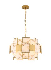 Houlte 59cm Round Pendant/Semi Flush Faux Alabaster & Metal, 12 x E14, 1.5m Chain, Gold/Brown