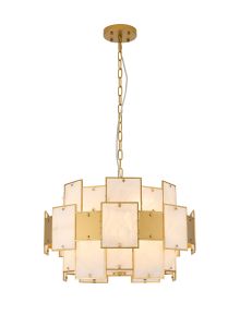Houlte 59cm Round Pendant/Semi Flush White Alabaster Glass & Metal, 12 x E14, 1.5m Chain, Gold/White Frosted, Item Weight: 18kg