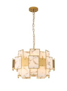 Houlte 59cm Round Pendant/Semi Flush Faux Alabaster & Metal, 12 x E14, 1.5m Chain, Gold/Grey