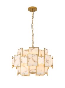 Houlte 59cm Round Pendant/Semi Flush Faux Alabaster, 12 x E14, 1.5m Chain, Gold/Grey