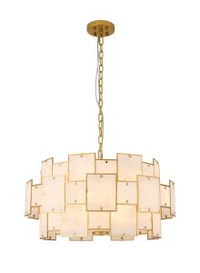 Houlte 74cm Round Pendant/Semi Flush White Alabaster Glass, 17 x E14, 2m Chain, Gold/White Frosted, Item Weight: 28kg