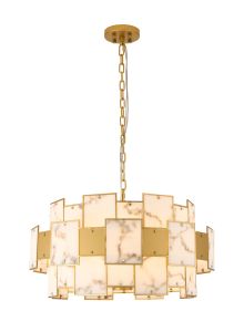 Houlte 74cm Round Pendant/Semi Flush Faux Alabaster & Metal, 17 x E14, 2m Chain, Gold/Grey, Item Weight: 19kg