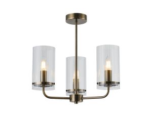 Carketti 42cm Upward Multi Arm Semi Ceiling, 3 x E14, Antique Brass/Clear Glass