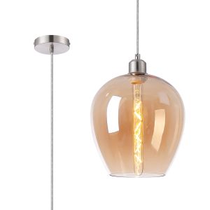 Cawdor Single Pendant, 1 Light E27, Satin Nickel/Clear/Amber Wine Glass
