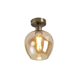 Cawdor Flush Fitting, 1 Light E27, Antique Brass/Amber Wine Glass