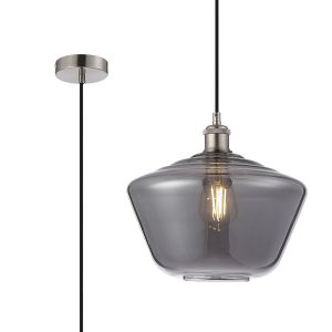Cawdor Single Pendant, 1 Light E27, Satin Nickel/Black/Smoke Hexagonal Glass