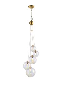 Monza 27cm Pendant, 5 x G9, Satin Gold, Iridescent Plated Glass