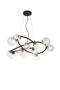 Monza 90cm Twisted Pendant, 12 x G9, Satin Black, Iridescent Plated Glass