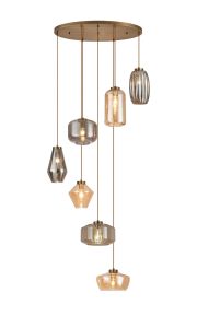 SPECIAL ITEM*** Zenth Antique Brass With Mixed Glass, 7 Light E27 2m Oval Multiple Pendant