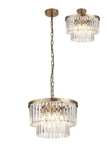 Cosette 40cm Pendant/Semi Flush, 4 Light E14, Antique Brass/Clear Crystal