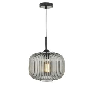 Demarius 1 Light E27 Black Adjustable Pendant C/W Smoked Glass Shade