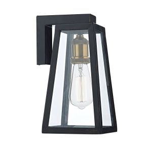 Duval 1 Light E27 Black Outdoor IP43 Wall Light With Antique Gold Lampholder C/W Clear Glass Panels