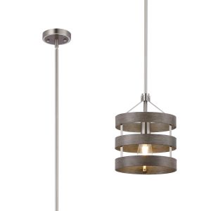 Fiamma 24cm Multi Height Pendant/Semi Flush, 1 Light E27, Satin Nickel/Grey Wood