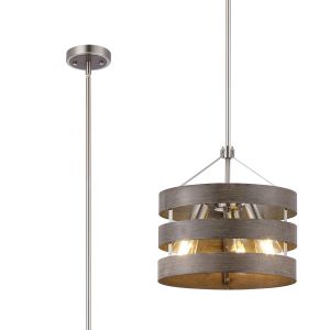 Fiamma 35cm Multi Height Pendant/Semi Flush, 3 Light E27, Satin Nickel/Grey Wood