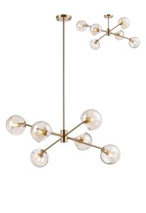 Eldia 85cm Round Fixed Multi Height Pendant/Semi Flush With Double Cut Glass, 6 x E14, Antique Gold/Cognac