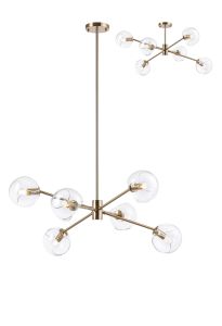 Eldia 85cm Round Fixed Multi Height Pendant/Semi Flush With Double Cut Glass, 6 x E14, Antique Gold/Clear