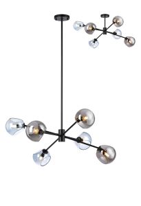 Eldia 85cm Round Fixed Pendant With Double Cut Glass, 6 x E14, Satin Black/Blue/Smoke