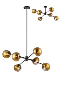 Eldia 85cm Round Fixed Pendant With Double Cut Glass, 6 x E14, Satin Black/Gold