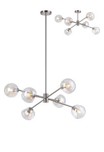 Eldia 85cm Round Fixed Multi Height Pendant/Semi Flush With Double Cut Glass, 6 x E14, Satin Nickel/Iridescent