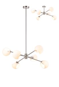 Eldia 85cm Round Fixed Pendant With Double Cut Glass, 6 x E14, Satin Nickel/Opal