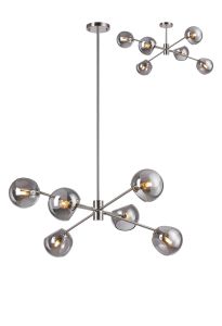Eldia 85cm Round Fixed Multi Height Pendant/Semi Flush With Double Cut Glass, 6 x E14, Satin Nickel/Smoke