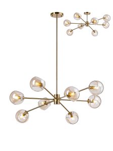 Eldia 100cm Round Fixed Multi Height Pendant/Semi Flush With Double Cut Glass, 8 x E14, Antique Gold/Cognac