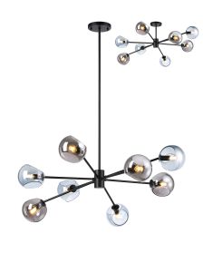 Eldia 100cm Round Fixed Pendant With Double Cut Glass, 8 x E14, Satin Black/Blue/Smoke