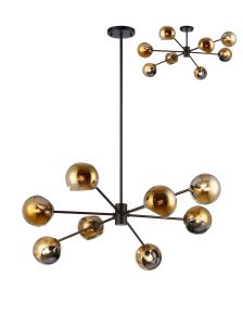 Eldia 100cm Round Fixed Pendant With Double Cut Glass, 8 x E14, Satin Black/Gold