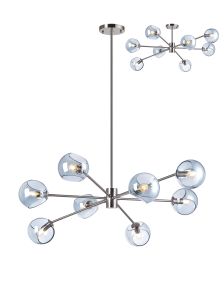 Eldia 100cm Round Fixed Pendant With Double Cut Glass, 8 x E14, Satin Nickel/Blue