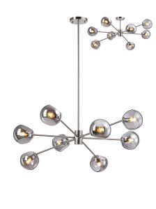 Eldia 100cm Round Fixed Multi Height Pendant/Semi Flush With Double Cut Glass, 8 x E14, Satin Nickel/Smoke