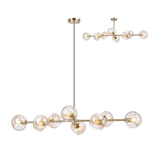 Eldia Linear Fixed Multi Height Pendant/Semi Flush With Double Cut Glass, 8 x E14, Antique Gold/Cognac