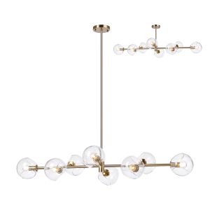 Eldia Linear Fixed Multi Height Pendant/Semi Flush With Double Cut Glass, 8 x E14, Antique Gold/Clear