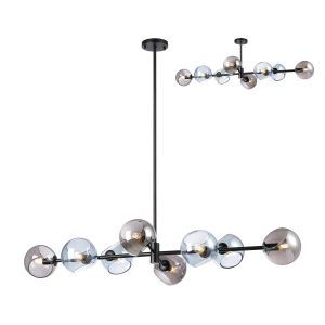 Eldia Linear Fixed Pendant With Double Cut Glass, 8 x E14, Satin Black/Blue/Smoke
