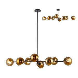 Eldia Linear Fixed Pendant With Double Cut Glass, 8 x E14, Satin Black/Gold