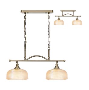 Arvo Semi Flush/Pendant Bar, 2 Light Adjustable E27, Antique Brass/Amber Glass