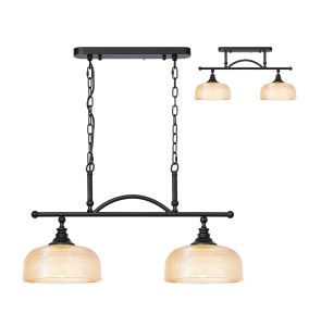 Arvo Semi Flush/Pendant Bar, 2 Light Adjustable E27, Satin Black/Amber Glass