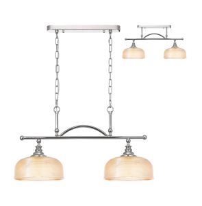 Arvo Semi Flush/Pendant Bar, 2 Light Adjustable E27, Polished Nickel/Amber Glass
