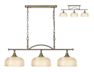 Arvo Semi Flush/Pendant Bar, 3 Light Adjustable E27, Antique Brass/Amber Glass