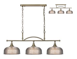 Arvo Semi Flush/Pendant Bar, 3 Light Adjustable E27, Antique Brass/Smoke Glass