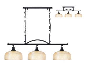Arvo Semi Flush/Pendant Bar, 3 Light Adjustable E27, Satin Black/Amber Glass