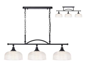Arvo Semi Flush/Pendant Bar, 3 Light Adjustable E27, Satin Black/Clear Glass